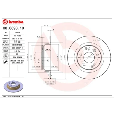 Abbildung von BREMBO 08.6898.10 Bremsscheibe 282 9 5 voll mit Schrauben HONDA: Legend 2 Coupe, Elysion I, 3 Limousine
