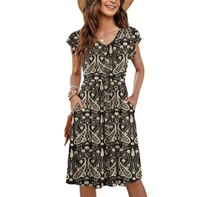 Abbildung von MOLERANI Button Down Sommer Kleider Rüschen Ärmel V Ausschnitt Casual Swing Elastische Taille Midi Kleid mit Taschen Dark Paisley Floral Schwarz XL