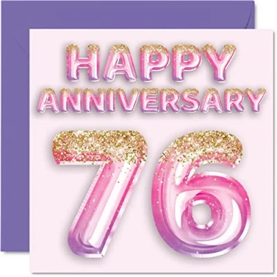 Abbildung von Hübsche Karte zum 76. Jahrestag für Ehefrau, Freundin, Ehemann, Freund, rosa lila Glitzer Luftballons Happy 76 Jahrestagskarten aus der Familie, 145 mm x Grußkarten siebzig Jubiläen