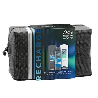 Abbildung von Dove Geschenkset &quot;Recharge&quot; mit Clean Comfort + Sensitive Pflegedusche, Anti Transpirant Deospray und einer Kulturtasche (2 x 250 ml 150 ml)