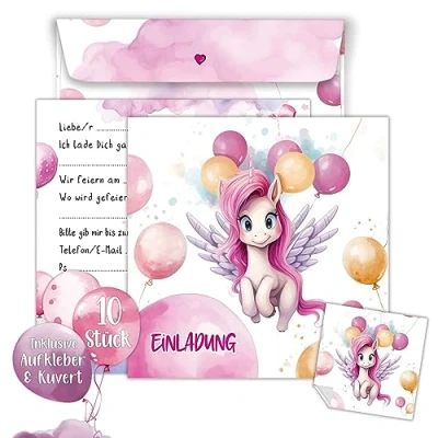 Abbildung von TOBJA Grußkarte Einladungskarten Einhorn inkl Umschläge und Sticker, Kindergeburtstag Mädchen Geburtstag Einladung Kinder