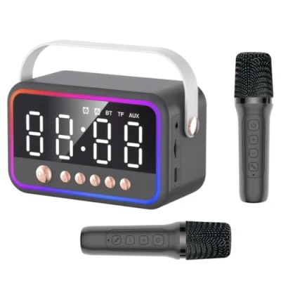 Abbildung von Karaoke Maschine mit 2 Mikrofonen, Bluetooth Lautsprecher RGB Licht und Doppelter Wecker, Multifunktion Musikbox Tragbarer Box, 360 Stereo Sound Bluetooths MusikLautsprecher