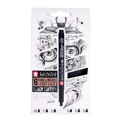 Abbildung von SAKURA Pigma Micron Fineliner 6er Set + Etui Wasserfeste schwarze Tinte, verschiedene Größen Stifte zum Schreiben, Zeichnen &amp; Journaling