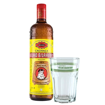 Abbildung von Cachaça VELHO BARREIRO SILVER 1 L Geschenk Set/brasilianischer Qualitäts Zuckerrohrrum plus Caipirinha Glas mit Aufschrift,