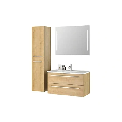 Abbildung von Sieper I Badmöbel Set Libato, Waschtisch mit Unterschrank 90 x 50 cm, Hochschrank und Badspiegel Eiche Natur