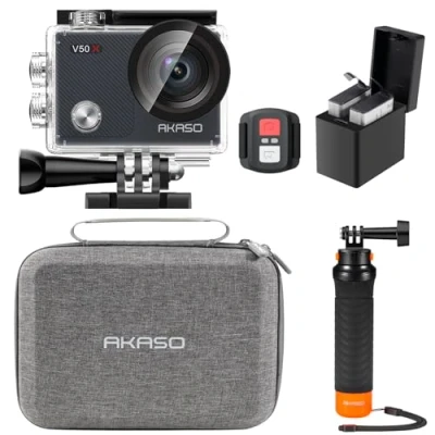 Abbildung von AKASO Action Cam 4K30FPS mit Schwimmender Handgriff und Tasche Unterwasserkamera WiFi 40M EIS Anti Shake Kamera 4X Zoom Touchscreen, Fernbedienung, Sportkamera Wasserdicht Gehäuse