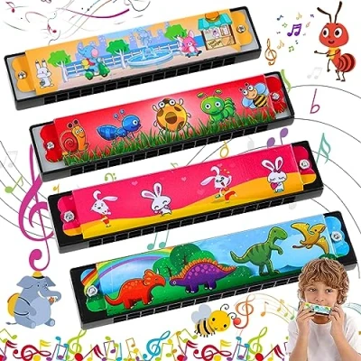 Abbildung von 4 Stück Mundharmonika für Kinder, 16 Loch Kinder Harmonika, Farbe Spielzeug, Verschiedene Bunte Cartoon Muster Designs, Sehr Geeignet Anfänger, Studenten