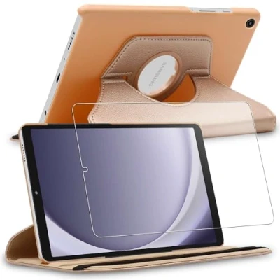 Abbildung von ebestStar Hülle für Samsung Galaxy Tab A9 8.7 SM X110 (2023), Drehbar Schutzhülle, PU Lederhülle, Rotierende Ständer Etui, Rotating Case Cover, Gold + Panzer Schutz Glas