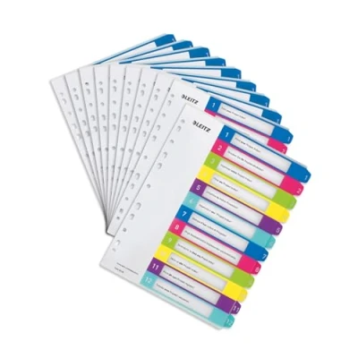 Abbildung von Leitz Register für A4, 10er Pack, PC beschriftbares Deckblatt und 12 Trennblätter, Taben mit Zahlenaufdruck 1 12, Überbreite, Mehrfarbig, Polypropylen, WOW, 12440000