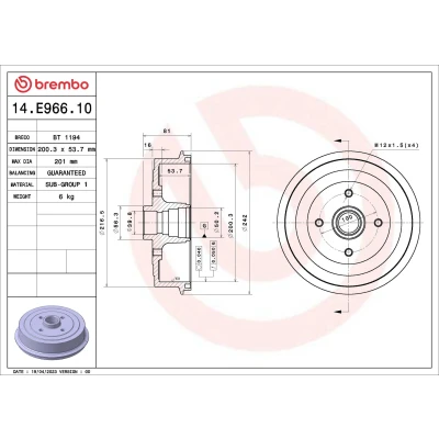 Abbildung von BREMBO 14.E966.10 Bremstrommel ohne Radlagersatz 200,3mm DAEWOO: Lanos Schrägheck, Limousine