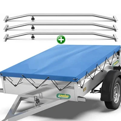 Abbildung von Tarpofix® Anhängerplane 217 x 117 cm + 3x Planenbügel Anhänger Plane Flachplane aus PVC PLANENMATERIAL Verstärkte Unsinn für 750kg PKW Hänger Abdeckplane Flachplanenbügel Blau