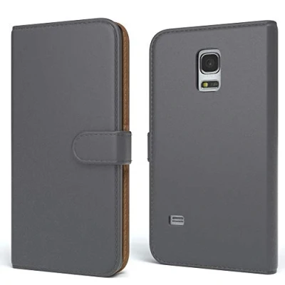 Abbildung von EAZY CASE Tasche kompatibel mit Samsung Galaxy S5 Mini Schutzhülle Standfunktion Klapphülle Bookstyle, Handytasche Handyhülle Magnetverschluss und Kartenfach, Kunstleder, Anthrazit