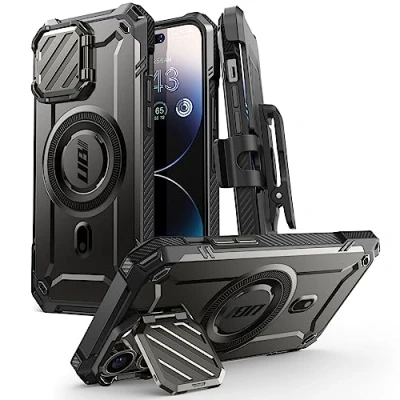 Abbildung von SupCase für iPhone 14 Pro Max/iPhone 13 Max Hülle mit Kameraschutz [Kompatibel MagSafe] Dünne Handyhülle Bumper Case Magnetische Schutzhülle Ständer und Gürtelclip, Schwarz