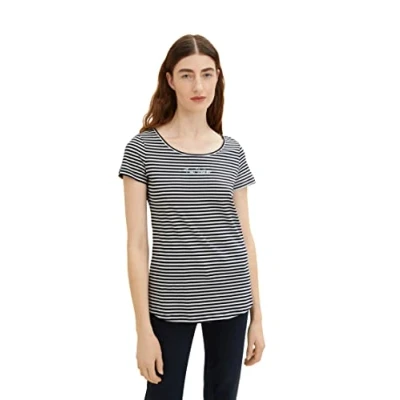 Abbildung von TOM TAILOR Damen 1036192 Basic T Shirt mit Schriftzug, 29220 Navy Stripes, M