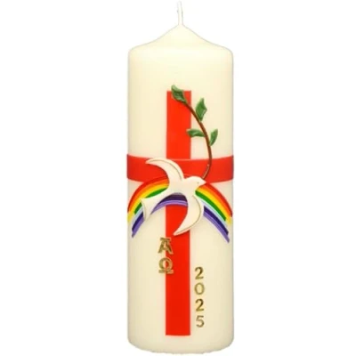 Abbildung von Kopschitz Kerzen Osterkerze Kreuz, Regenbogen, Taube, Zweig, A und O, Jahreszahl 220 x Ø 70 mm
