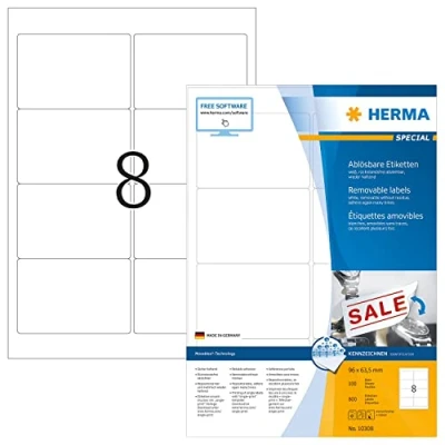 Abbildung von HERMA 10308 Universal Etiketten ablösbar, 1400 Blatt, 96 x 63,5 mm, 8 pro A4 Bogen, 11200 Stück, selbstklebend, bedruckbar, matt, blanko Papier Klebeetiketten Aufkleber, weiß
