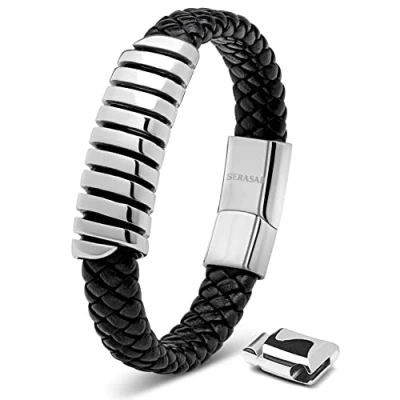 Abbildung von SERASAR Herren Armband 20cm Silber Männer Leder Armreif Lederband Herrenarmreif Armschmuck Schmuck Herrenschmuck Armkette Flecht Wickelarmband Armbändchen Bracelet