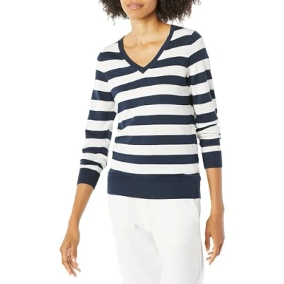 Abbildung von Amazon Essentials Damen Leichter, Langärmeliger Pullover Mit V Ausschnitt, Klassischer Schnitt (Erhältlich In Übergröße), Marineblau Weiß Rugby Streifen, S