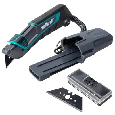 Abbildung von wolfcraft Trapezklingen Messer Set PRO SAFETY mit Köcher Praktisches aus Sicherheitsmesser und extrascharfen Ersatzklingen optimale Ergonomie für Links Rechtshänder