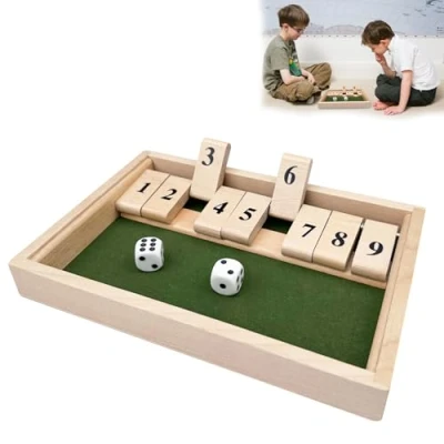 Abbildung von Chiluxendo Würfelspiel Holz Shut The Box 2 Spieler, Mach Die Kiste Zu mit 9 Zahlen, Klappbrett Spiel, Tisch Game, Klappenspiel Kinder, Würfel Mathematik