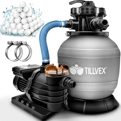 Abbildung von tillvex® Sandfilteranlage Pool 13.200L/h bis 40.000L + 1200g Filterbälle Filteranlage 7 Wege Ventil &amp; 2in1 Adapter Ø32 38mm Poolfilter Selbstansaugend Sandfilter Schwimmbecken (Grau)