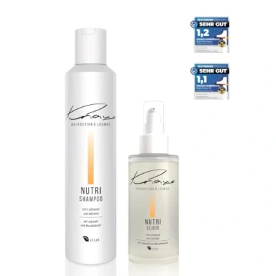 Abbildung von Knaus Hairdesign Nutri Elixier Shampoo Haaröl Set 5 Phasen für dickeres, kräftiges trockenes Haar Glanz und Geschmeidigkeit mit Macadamia Jojoba Nüssen VEGAN