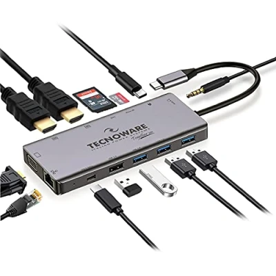 Abbildung von Tecnoware Hub USB C, Adapter 13 in 1, kompatibel mit Notebook, iPad, Windows, Linux, Huawei usw. Ports: 2.0 und 3.0, Ethernet, HDMI 4K, Card Slot SDXC, Mikro SD, Audio Buchse
