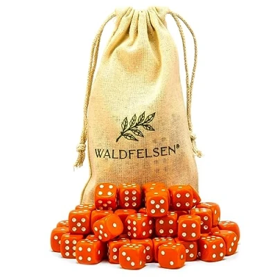 Abbildung von Waldfelsen 6, 12, 20, 30 oder 50 hochqualitative Würfel Standardgröße 16 mm Acrylwürfel Knobel Spielwürfel Dice 6 seitig sechsseitig Spielzubehör Set mit Stoffbeutel (Orange, Stück)