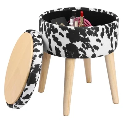 Abbildung von Navaris Hocker mit Stauraum rund Tier Ottoman Polsterhocker ottomane beige gepolstert Plüsch Samt Pouf Kuh Sitzhocker