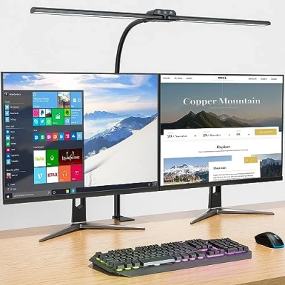 Abbildung von KableRika Doppelkopf Schreibtischlampe LED Dimmbar, helle Klemmbar für Homeoffice, Augenschutz schwanenhals lampe mit 4 Farbmodi &amp; Helligkeit, moderne Büro Tischlampe Monitor