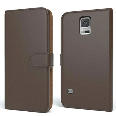 Abbildung von EAZY CASE Tasche kompatibel mit Samsung Galaxy S5/LTE+/Duos/Neo Schutzhülle Standfunktion Klapphülle Bookstyle, Handytasche Handyhülle Magnetverschluss und Kartenfach, Kunstleder, Braun