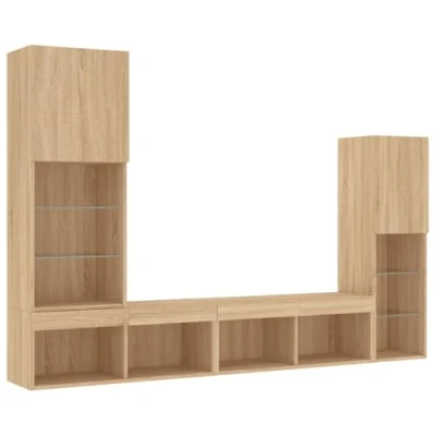 Abbildung von vidaXL Wohnwand 4 TLG., Schrankwand mit viel Stauraum, Anbauwand LED Beleuchtung, Wandmontage Fernsehschrank Wohnzimmer Set Schrank, Sonoma Eiche Holzwerkstoff