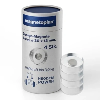 Abbildung von magnetoplan Design Magnete, transparent ØxH 30x13mm 4 Stück, Extreme Haftkraft von 3 kg durch Neodym Magnethalter Für Kühlschrank, Whiteboard, Magnettafel