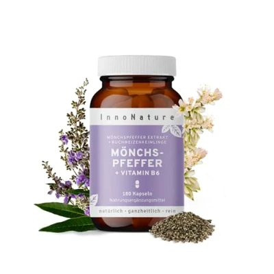 Abbildung von InnoNature Mönchspfeffer + Vitamin B6 Kapseln aus natürlichem Extrakt (Agnus Castus) 180 Kapseln, Bio (4:1) 10mg. Laborgeprüft und Vegan