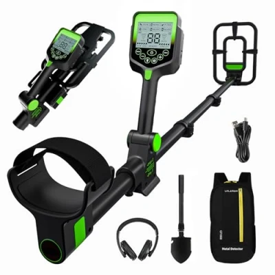 Abbildung von LOLARAN Profi Metalldetektor für Erwachsene Wiederaufladbare Lithium Batterie, inkl. Schaufel, Rucksack, Kopfhörer, Pinpointer, faltbares Design, wasserdichte Suchspule, Blaue Hintergrundb