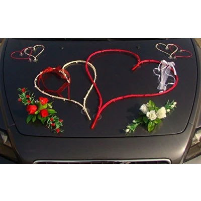 Abbildung von TOP HERZE Auto Schmuck Braut Paar Rose Deko Dekoration Autoschmuck Hochzeit Car Wedding PKW (Groß Weiß/Rot)