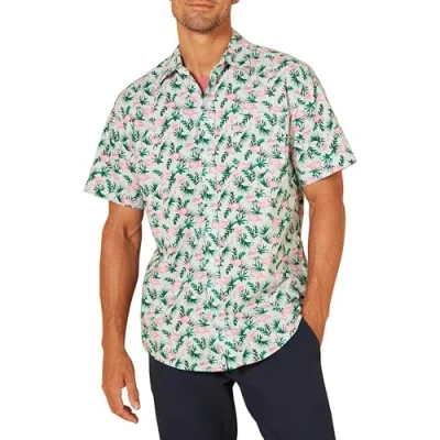 Abbildung von Amazon Essentials Herren Kurzärmeliges Hemd mit Aufdruck, Normale Passform, Pastellgrün Flamingo, XS