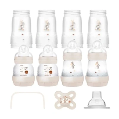Abbildung von MAM Easy Start Anti Colic Babyflaschen Set, Bodenventil gegen Koliken, mitwachsend, 15 tlg, selbst sterilisierend, Farbe: sand creme beige almond