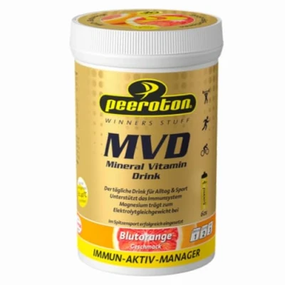 Abbildung von Peeroton MVD Mineral Vitamin Drink Blutorange, Elektrolyt Pulver mit den 5 wesentlichen Elektrolyten plus Zink, Magnesium und C regelmäßig einnehmen das Immunsystem stärken, 300g