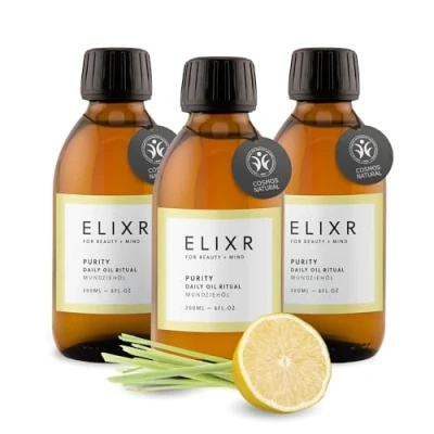 Abbildung von ELIXR Purity Mundziehöl kaufen. Bestseller aus Die Höhle der Löwen Zahnöl mit Zitronenöl Lemongrass zum Ölziehen. 3x200ML Judith Williams Deal