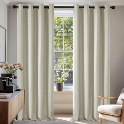 Abbildung von Deconovo Verdunkelungsvorhang Gardine Wohnzimmer Thermogardine Kälteschutz Ösen, 200x140 cm(HöhexBreite), Creme, 2er Set