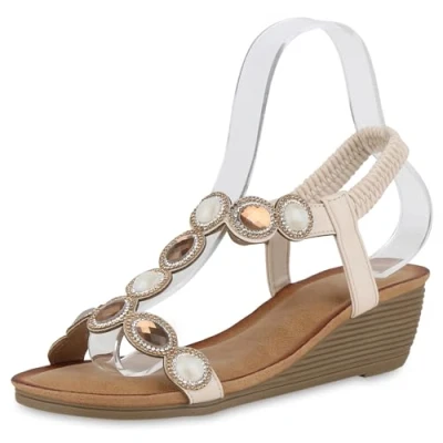 Abbildung von VAN HILL Damen Keilsandaletten Keilabsatz Strass Trendy Schuhe 214482 Beige 38
