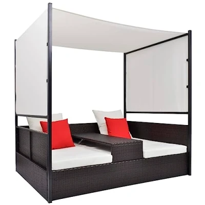Abbildung von vidaXL Gartenliege Gartenbett mit Baldachin Braun 190x130 cm Poly Rattan