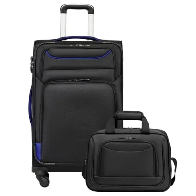 Abbildung von COOLIFE Koffer Trolley Reisekoffer von 4 Rollen Stoffkoffer Handgepäck TSA Schloss Der Enthält 1 Große Umhängetasche (Mittlerer Set 2tlg, schwarz+blau)
