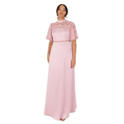 Abbildung von Maya Deluxe Damen Women&#039;s Ladies Maxi Dress Flutter Sleeve Round Neck Lace Trim Satin for Wedding Guest Evening Occasion Prom Ball Gown Kleid, Blush Pink, 32