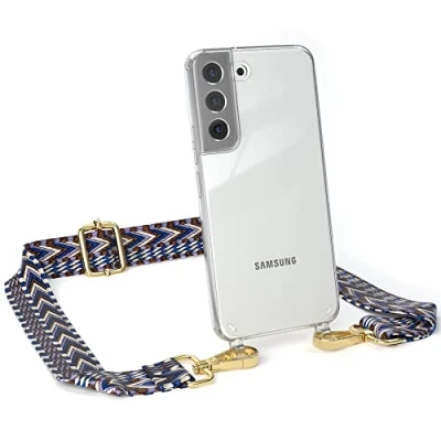 Abbildung von EAZY CASE Handykette Flexibler Trageriemen kompatibel mit Samsung Galaxy S22, Schultergurt zum Umhängen, Taschenriemen, Band austauschen, Wechselgurt, Blau/Weiß Metall Gold