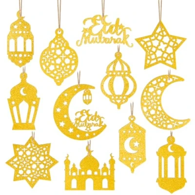 Abbildung von BOOMTOP 12 Stück Ramadan Deko Anhänger Eid Mubarak Ornament Papier Glitzer Zuckerfest Dekoration zum Aufhängen Tischdeko Gold Mond Sterne al Fitr Muslimischen Islam