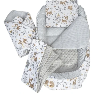 Abbildung von Medi Partners 5 teilig Babynestchen Set Babynest 100x60x15 herausnehmbarer Einsatz Bett Kuschelnest Krabbeldecke Babys Neugeborene 100% Baumwolle (REH mit Grauem Minky)
