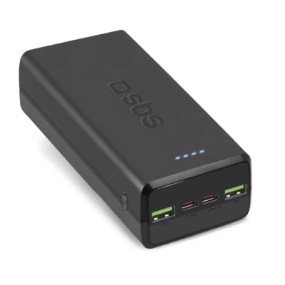 Abbildung von SBS Powerbank 30.000 mAh Schnellladung, 2 USB C Anschlüsse, A, Ladegerät Power Delivery im Flugzeug, Stromversorgung für bis zu 4 Geräte gleichzeitig, Kabel Lieferumfang enthalten