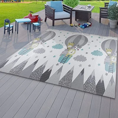 Abbildung von TT Home Kinder Matte Faltbar Spielmatte Krabbelmatte Berge Tier Motiv Wendbar, Farbe:Grau Petrol Creme, Größe:180x200 cm